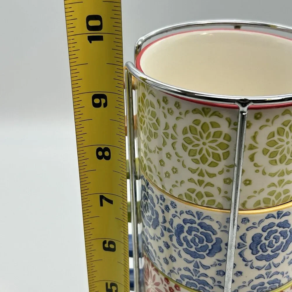 Pier 1 Imports Stackable Stoneware Mugs Set of 4 w/ Metal Stand Coffee  Cup